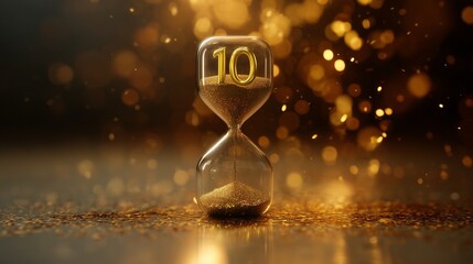 The hourglass presents the number ten, embodying the passage of time with golden sand flowing steadily. The shimmering background enhances the sense of anticipation represented by