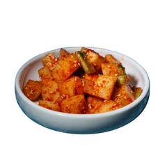 Flavorful and Spicy Korean Radish Kimchi, a Traditional Fermented Side Dish, Expertly Prepared with Red Pepper Paste and Sesame Seeds, Offering Authentic Asian Culinary Delights