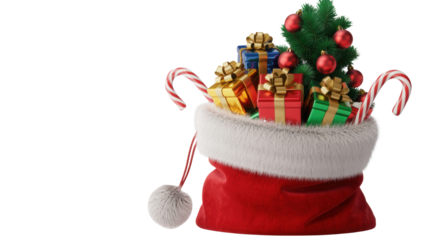 A festive red christmas stocking overflowing with colorful wrapped presents a miniature decorated tree and candy canes isolated on transparent background