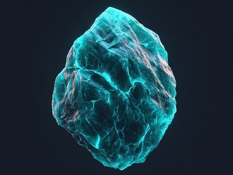 A jagged glowing turquoise stone suspended in darkness, its cracked surfaces illuminated from within, radiating raw elemental power and mysterious crystalline energy