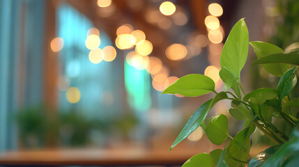 Vibrant green leaves against a bokeh background of warm lights plant