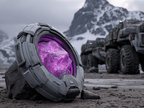 A rugged metallic containment ring half-buried in frozen terrain, glowing with vibrant purple energy at its core as heavy expedition vehicles stand watch in the icy wilderness