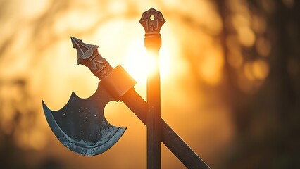 viking. A battle axe and horn crossed against morning light with dew drops on metal. event key visuals, club posters, designed for fitness apps and gym onboarding, boosts motivation.
