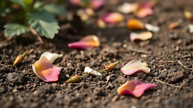 trampled. A garden soil surface with trampled flower petals and broken stems in soft daylight. ESG reports, sustainability campaigns, designed for sustainability communications and ESG reporting.