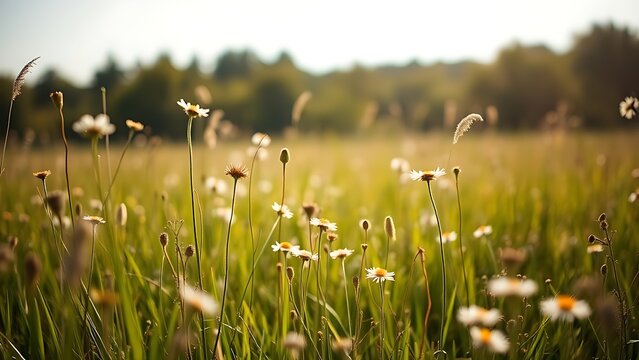 swaying. Sunlit meadow with wildflowers swaying in the breeze under soft morning light. travel magazines, destination branding, designed for outdoor magazines and nature guides.