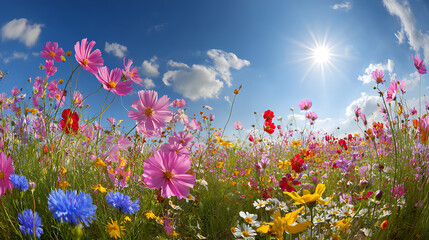 Vibrant meadow blooming with colorful wildflowers under a bright sunny sky pink