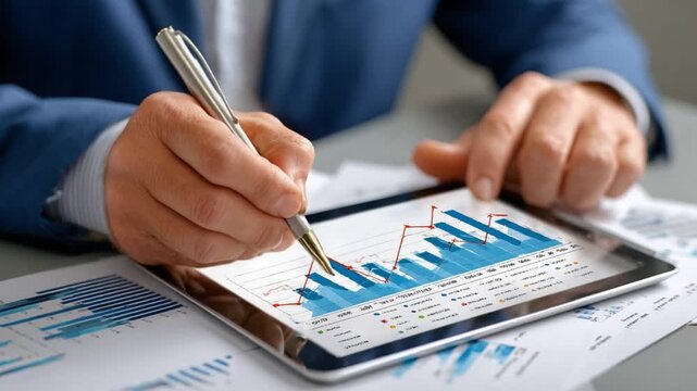 Analyzing Financial Trends: A sharp-dressed individual, meticulously examines financial data on a digital tablet, immersed in a world of numbers and analytics. Pen in hand.