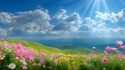 Vibrant meadow blooming with pink and white flowers under a bright blue sky yellow