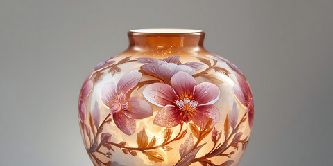Ornate vase with pink and red flowers featuring delicate petals and leaves on soft orange
