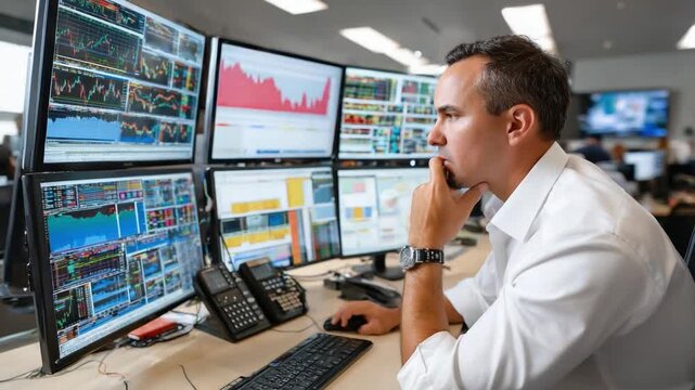 Intense Analysis: A focused analyst examines financial data on multiple screens, deep in thought, demonstrating the complexities and dedication required in the world of investment and finance.
