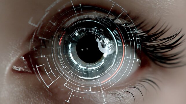 Close-up of a futuristic eye with digital overlay, showcasing advanced technology and vision enhancement