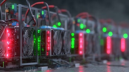 High-tech cryptocurrency mining setup with glowing rigs and cooling fans in a dimly lit environment