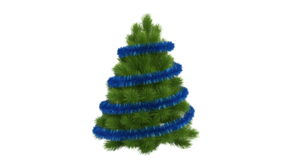 A festive green christmas tree adorned with a bright blue garland perfect for holiday decorations isolated on transparent background