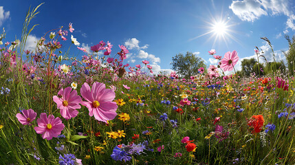 Vibrant meadow blooming with pink cosmos wildflowers under a bright sunny sky blue sky sunshine
