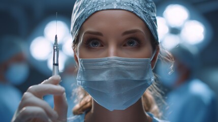 A female doctor prepares to give an injection with a syringe in a surgical environment. The female doctor demonstrates the professionalism and skill of medical practitioners in act