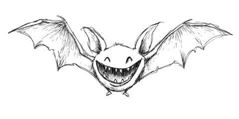 Creepy grinning bat with outstretched wings in dark, spooky night Concept of Halloween, horror, and fantasy creature with glowing eyes and sharp teeth