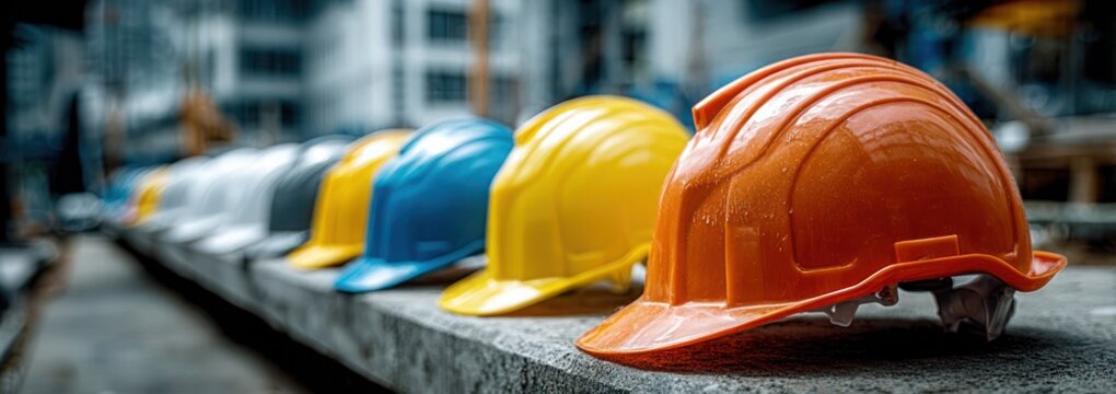 A row of construction worker's hard hats are lined up on a cement wall - Powered by Adobe