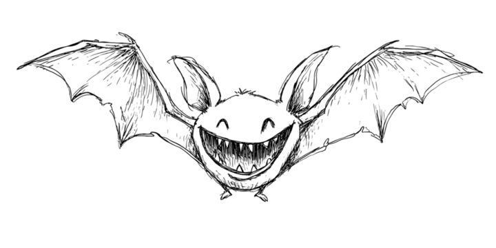 Creepy grinning bat with outstretched wings in dark, spooky night Concept of Halloween, horror, and fantasy creature with glowing eyes and sharp teeth