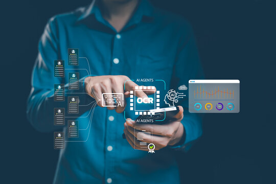 Businessman using smartphone with AI OCR interface technology replacing manual data entry. Smart workflow integration from document scanning to real-time reporting via mobile interface. - Powered by Adobe