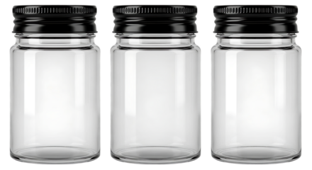 Three empty glass jars with black lids for storage