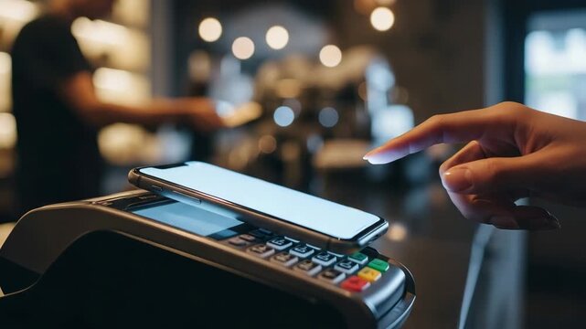 Customer making a contactless payment with smartphone on a card reader