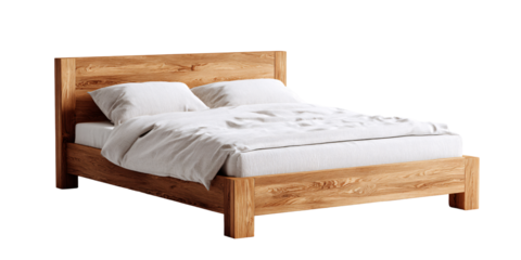 Modern wooden bed frame with white linen bedding and pillows in a minimalist bedroom interior Concept of comfortable sleep, home decor, and furniture design