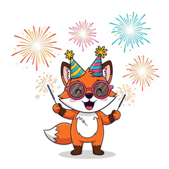 Celebrate with this adorable fox character wearing party hats and glasses