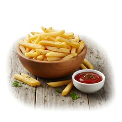French Fries in Bowl with Ketchup and Herbs on Wooden Surface 