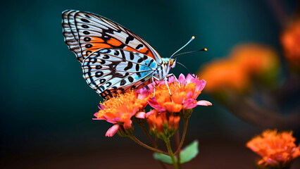 Obraz premium Macro close-up of a vibrant orange and black butterfly perched on a colorful flower, symbolizing summer and natural beauty