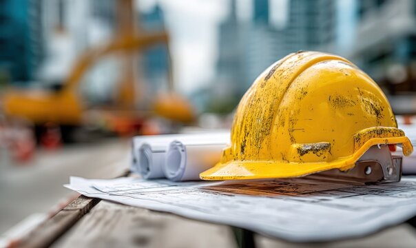 A yellow hard hat is on top of a stack of blueprints