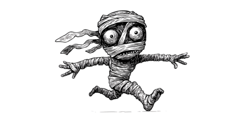 Cartoon Mummy Running Scared in Black and White Illustration for Halloween Horror Concept