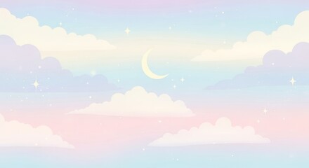 Dreamy pastel sky with crescent moon and clouds for background design