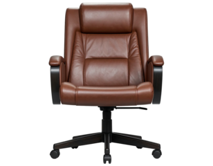 Brown leather office chair, headrest, dark wood