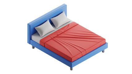 Cozy blue upholstered bed with crisp white pillows and a textured coral blanket isolated on transparent background