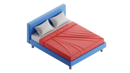 Cozy blue upholstered bed with crisp white pillows and a textured coral blanket isolated on transparent background