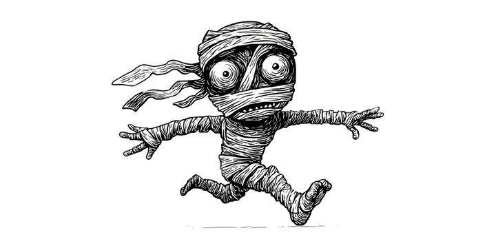 Cartoon Mummy Running Scared in Black and White Illustration for Halloween Horror Concept