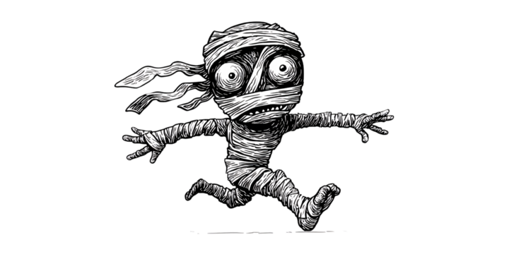 Cartoon Mummy Running Scared in Black and White Illustration for Halloween Horror Concept