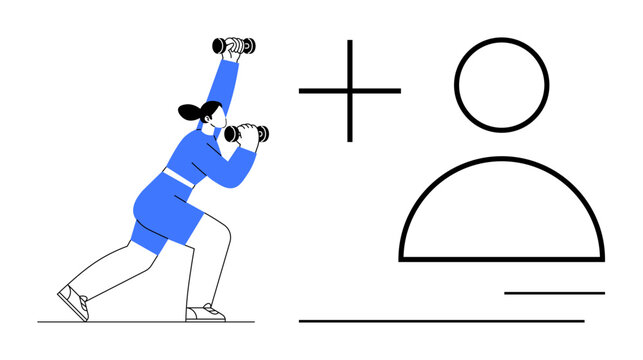 Woman lifting dumbbells in activewear, paired with a simplistic user profile icon. Ideal for fitness, health apps, personal training, active lifestyle, self-care, goal-setting digital platforms. A