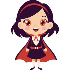 Cute Cartoon Girl Dressed As Vampire With Black Hair Red Cape and White Collar Smiling with Big Eyes and Open Mouth on Transparent Background