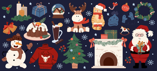 Collection of Christmas and New Year decoration elements. Vector image of snowman, Santa, reindeer, cat, tree, fireplace, pudding, gifts and snowflakes on dark blue background.
