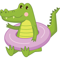 Cute cartoon green alligator with pink blush cheeks wearing a purple float ring smiling happily on a transparent background