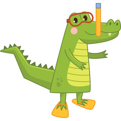 Cute cartoon green alligator wearing red goggles and orange flippers ready for swimming adventure with snorkel on transparent background