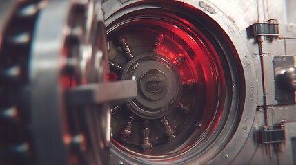 Close-up view of a futuristic vault door with glowing red lights, showcasing intricate mechanisms