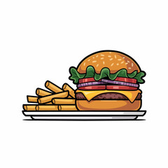Delicious Cartoon Burger with Fries Illustration for Fast Food Concepts