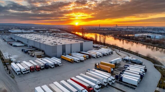 Industrial Sunrise: The image is an aerial view capturing a distribution center with rows of parked trucks and trailers, bathed in the warm glow of a sunrise.