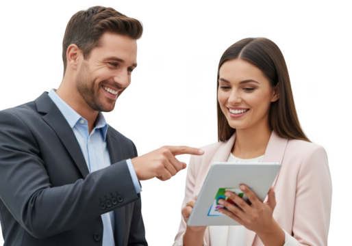 Happy business professionals discussing document and pointing during meeting collaboration transparent background