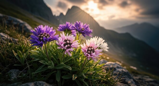 Close-up of vibrant purple and white flowers blooming on a rocky hillside, with majestic mountains and a dramatic sky in the background. - Powered by Adobe