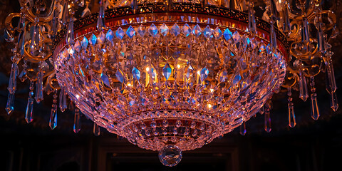 Lavish glowing crystal chandelier with intricate details and warm amber lighting creating elegant luxurious ambiance
