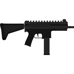 Black Submachine Gun with Folding Stock and Extended Magazine on Transparent Background