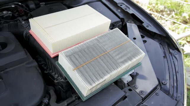 New clean and old dirty air filter in the engine compartment of the car. Technical maintenance of the car, close-up